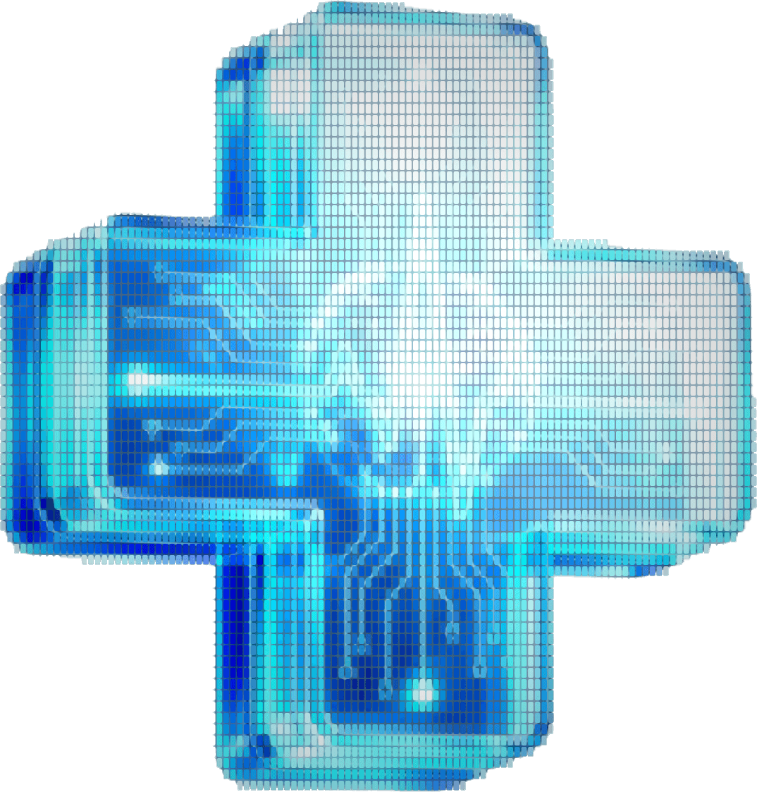 Abstract pixel-mosaic medical cross with an embedded circuit pattern, representing MedX's federated clinical intelligence network